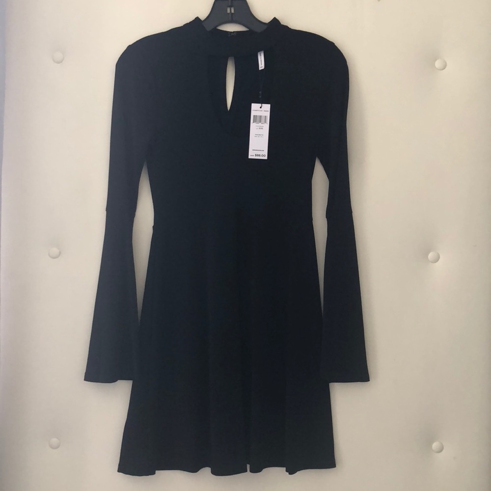 Black keyhole-neckline long-sleeve dress